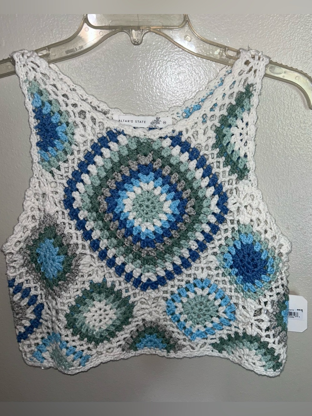 Altar'd State Womens Medium Crochet Granny Square Tank Top Blue Green Boho M